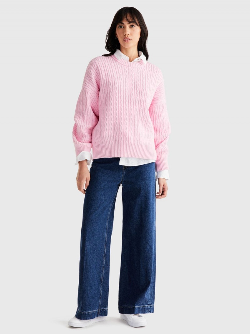 Tommy Hilfiger Cable Knit Crew Neck Tröjor Dam Rosa | 968-EJMYOA