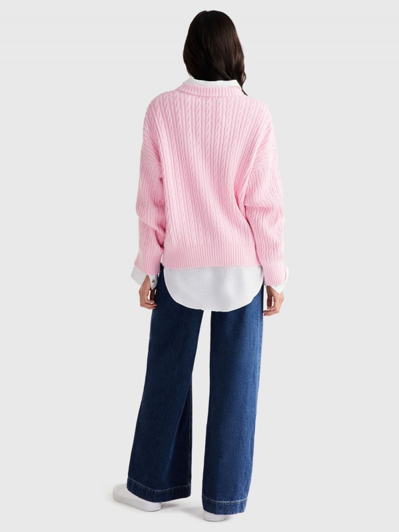 Tommy Hilfiger Cable Knit Crew Neck Tröjor Dam Rosa | 968-EJMYOA