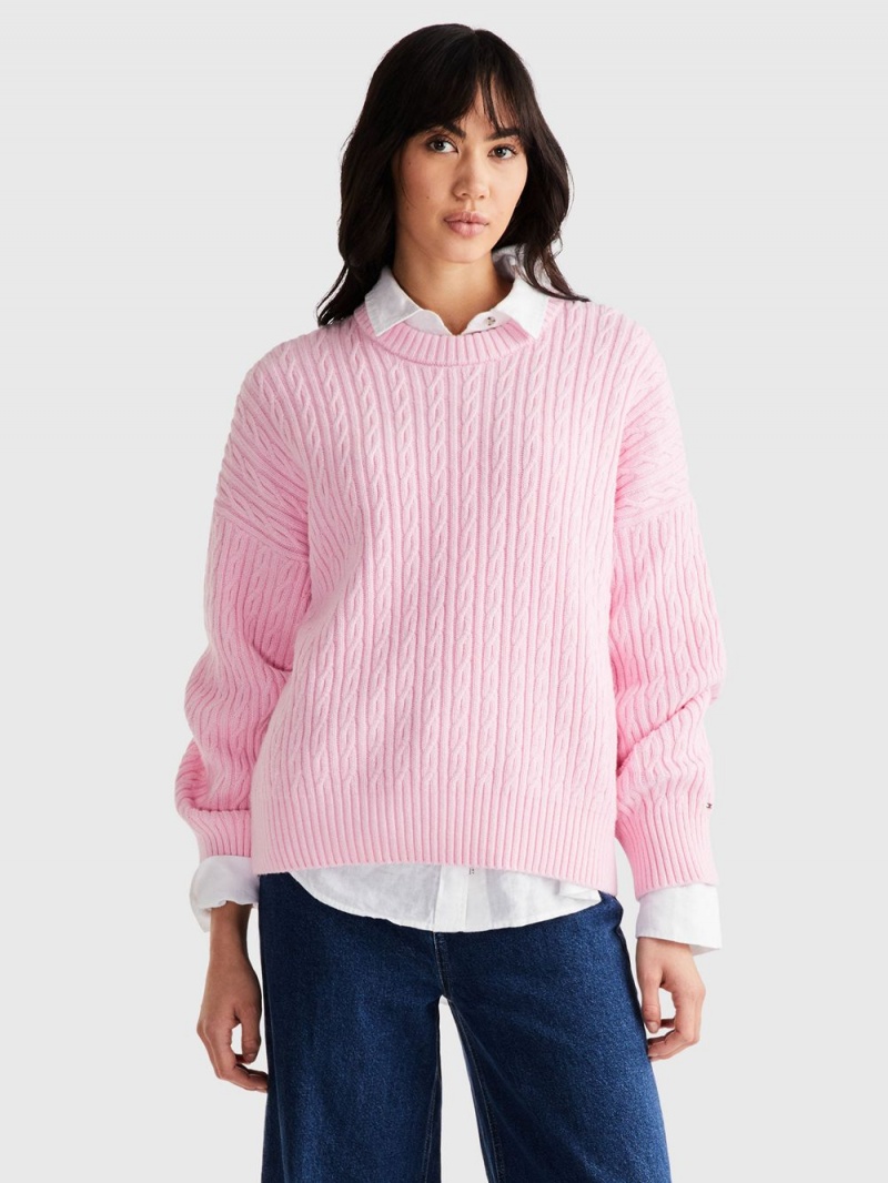 Tommy Hilfiger Cable Knit Crew Neck Tröjor Dam Rosa | 968-EJMYOA