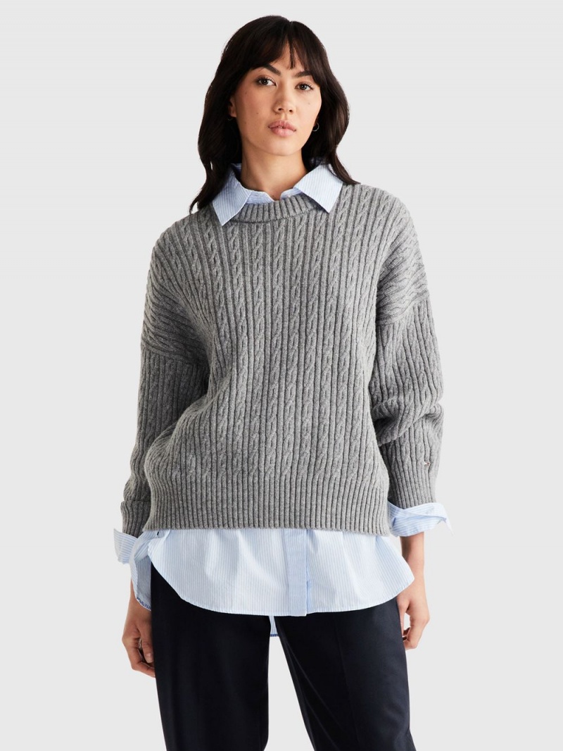 Tommy Hilfiger Cable Knit Crew Neck Tröjor Dam Grå | 803-AOLFJK