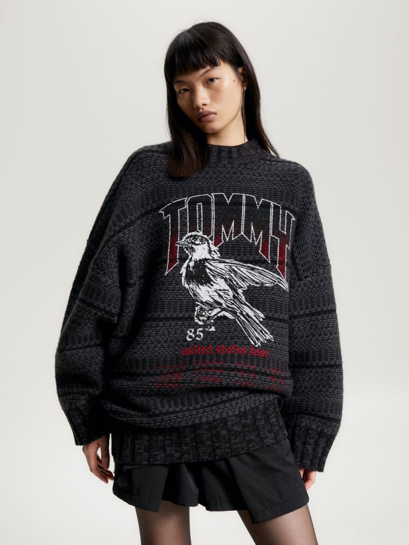 Tommy Hilfiger Cable Knit Tryck Oversized Jumpers Dam Svarta | 536-MWFHAB