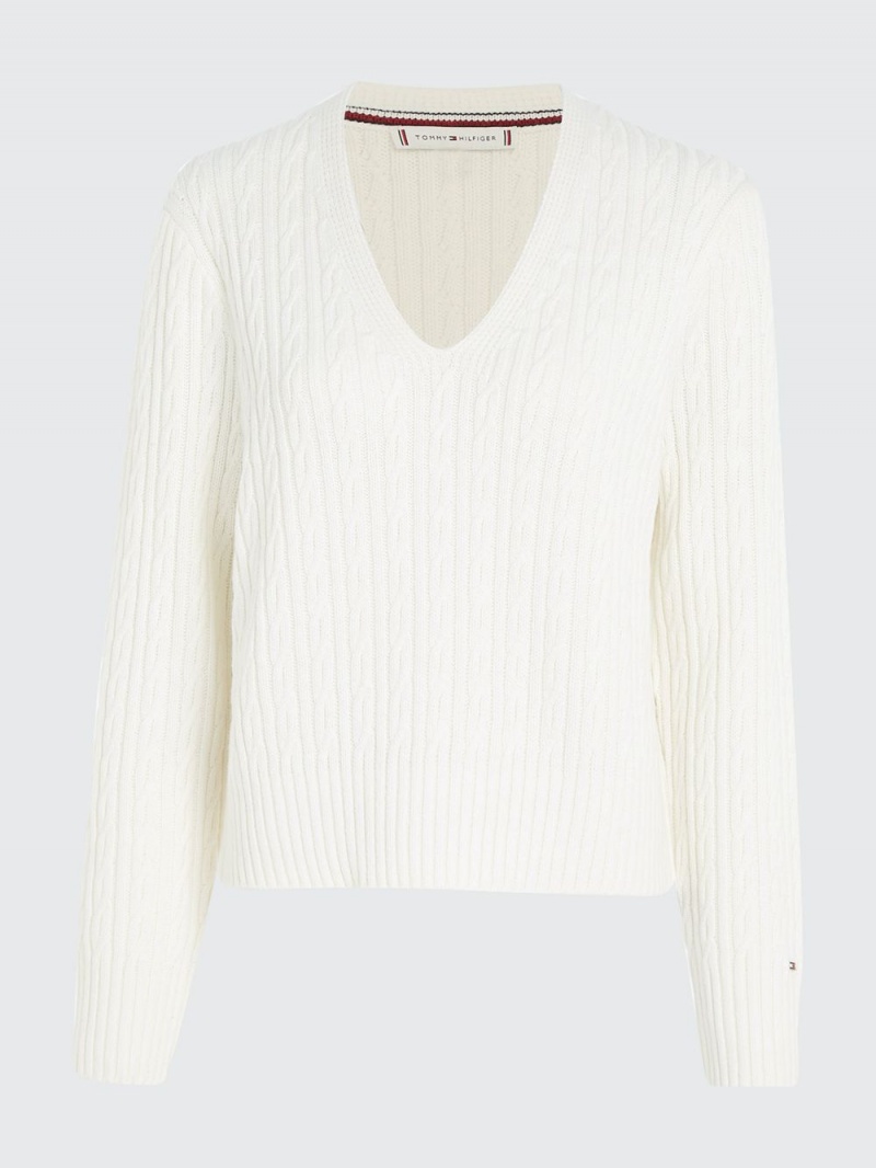 Tommy Hilfiger Cable Knit V-Neck Jumpers Dam Vita | 690-VJHNKZ