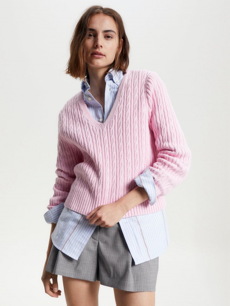 Tommy Hilfiger Cable Knit V-Neck Jumpers Dam Rosa | 514-RXOTUI