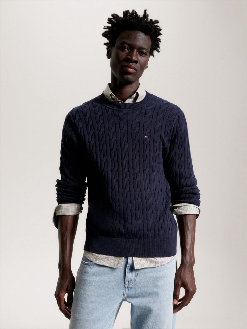 Tommy Hilfiger Classics Cable Knit Relaxed Fit Jumpers Herr Marinblå | 123-TRWEAC