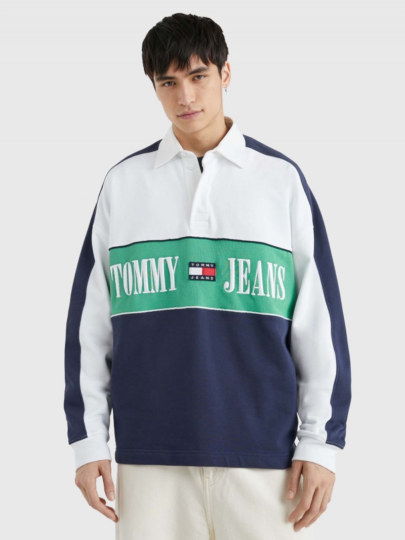 Tommy Hilfiger Colour-Blocked Logo Oversized Rugby Skjorta Herr Marinblå | 213-WRHJDP