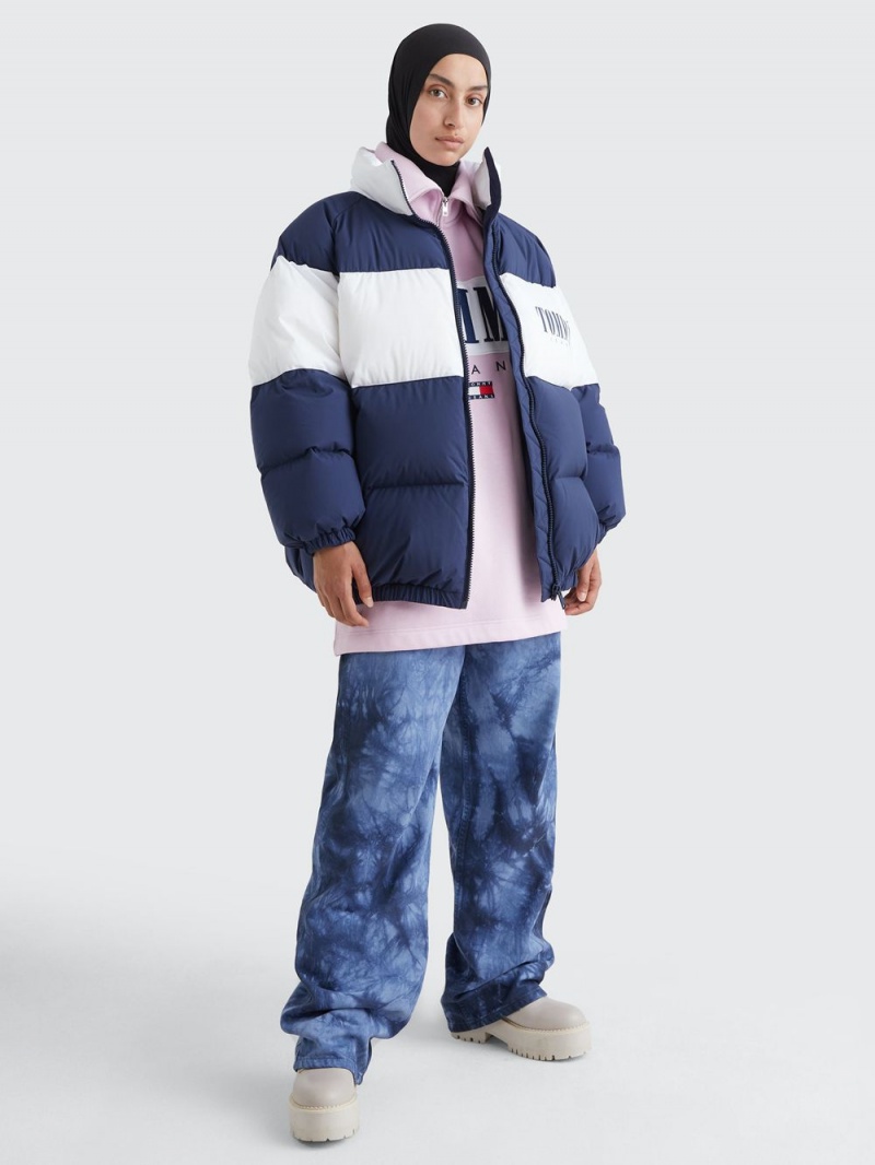 Tommy Hilfiger Colour-Blocked Oversized Puffer Rockar Dam Marinblå | 278-CWBVSM