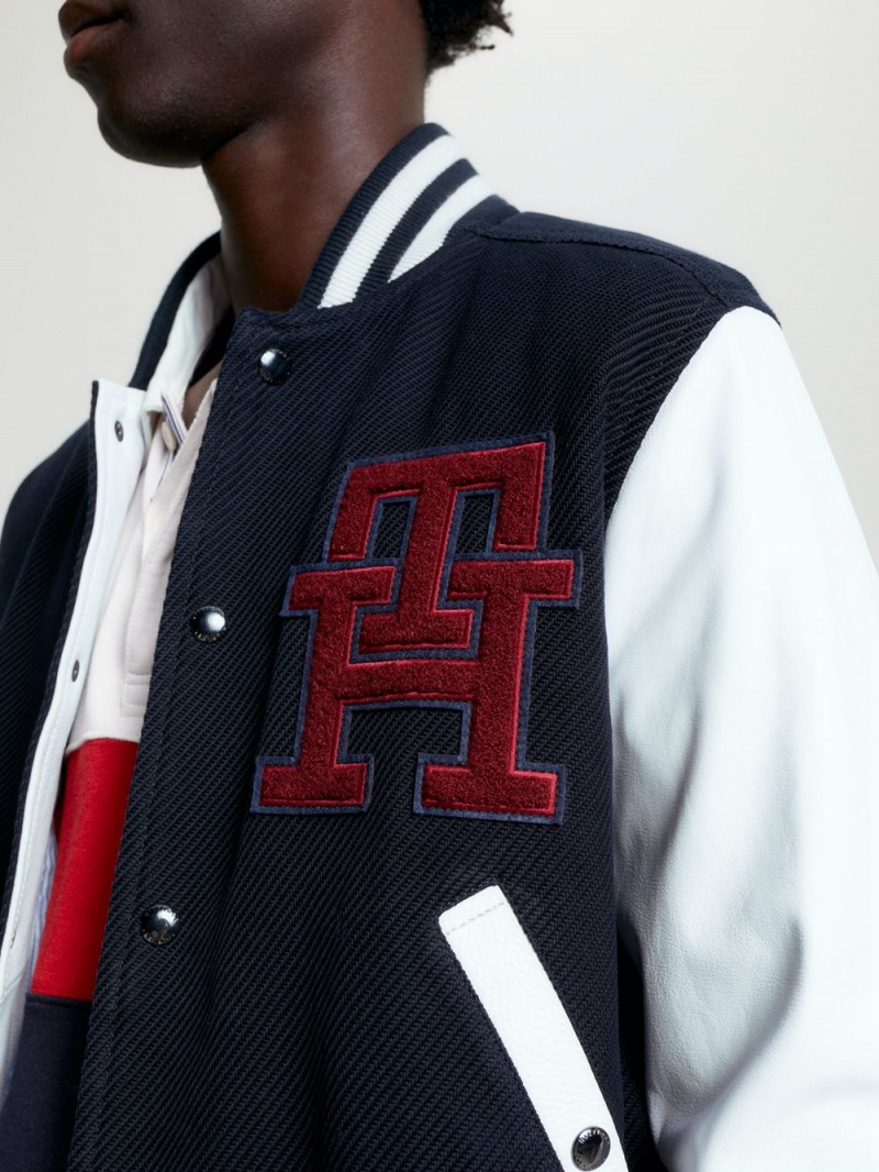 Tommy Hilfiger Contrast Läder Sleeve Varsity Jackor Herr Blå | 618-SYQKOU