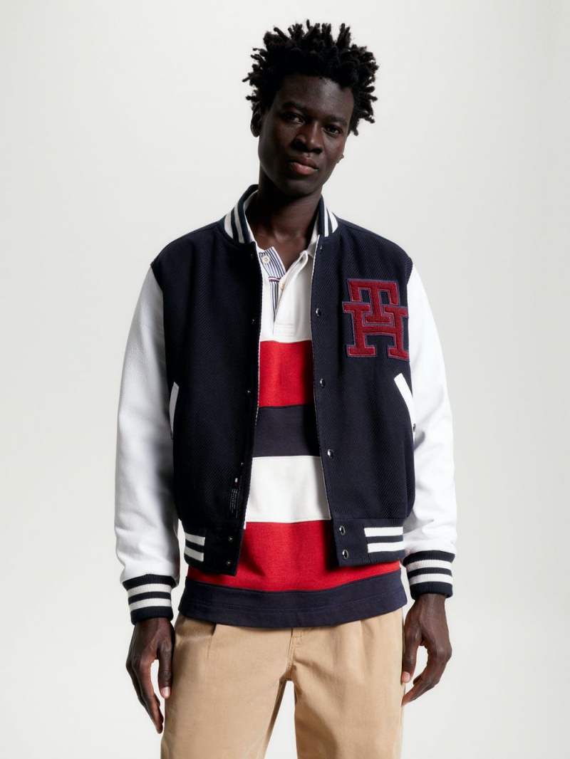 Tommy Hilfiger Contrast Läder Sleeve Varsity Jackor Herr Blå | 618-SYQKOU