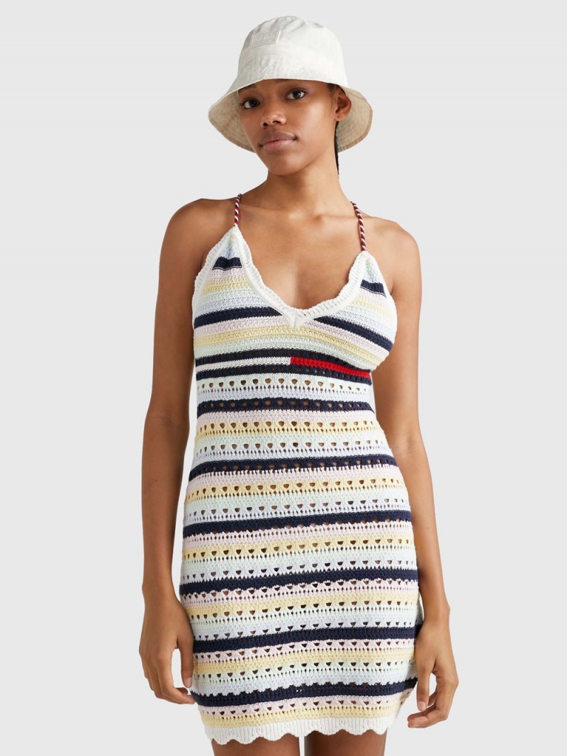 Tommy Hilfiger Crochet Stripe Mini Klänning Dam Citron Vita | 734-VFYRIH