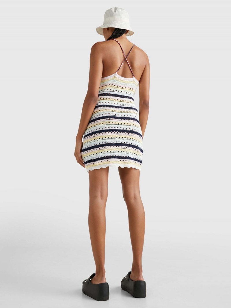 Tommy Hilfiger Crochet Stripe Mini Klänning Dam Citron Vita | 734-VFYRIH