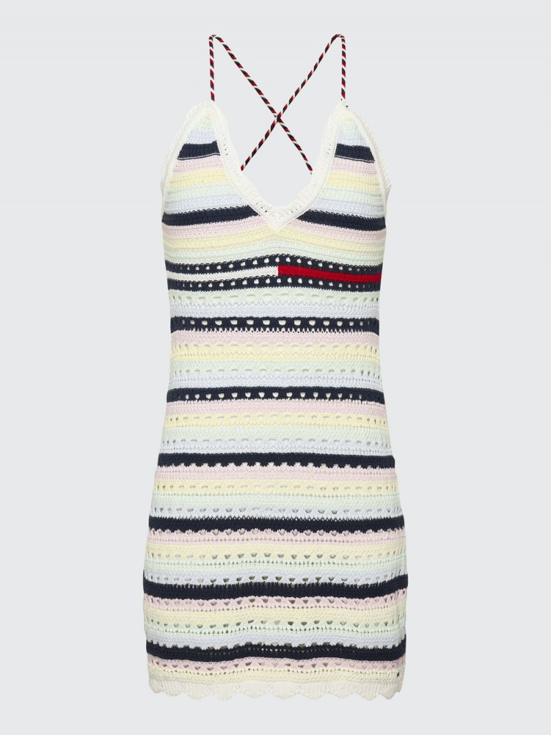 Tommy Hilfiger Crochet Stripe Mini Klänning Dam Citron Vita | 734-VFYRIH