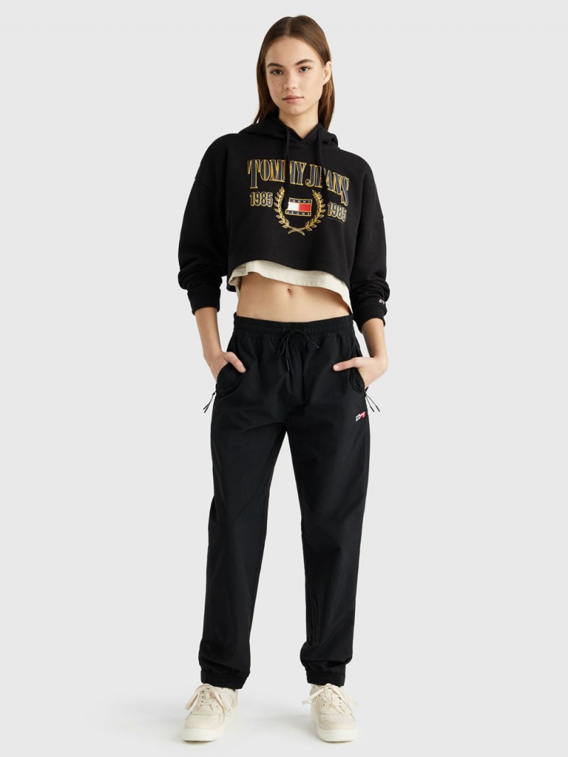 Tommy Hilfiger Cropped Luxe Hoodie Dam Svarta | 640-ZRBMHN