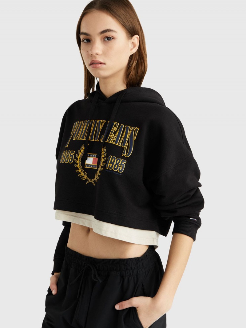 Tommy Hilfiger Cropped Luxe Hoodie Dam Svarta | 640-ZRBMHN