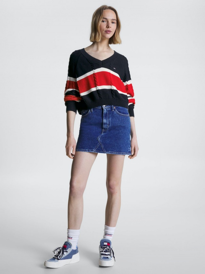 Tommy Hilfiger Cropped Stripe V-Neck Jumpers Dam Blå | 154-KERUTS