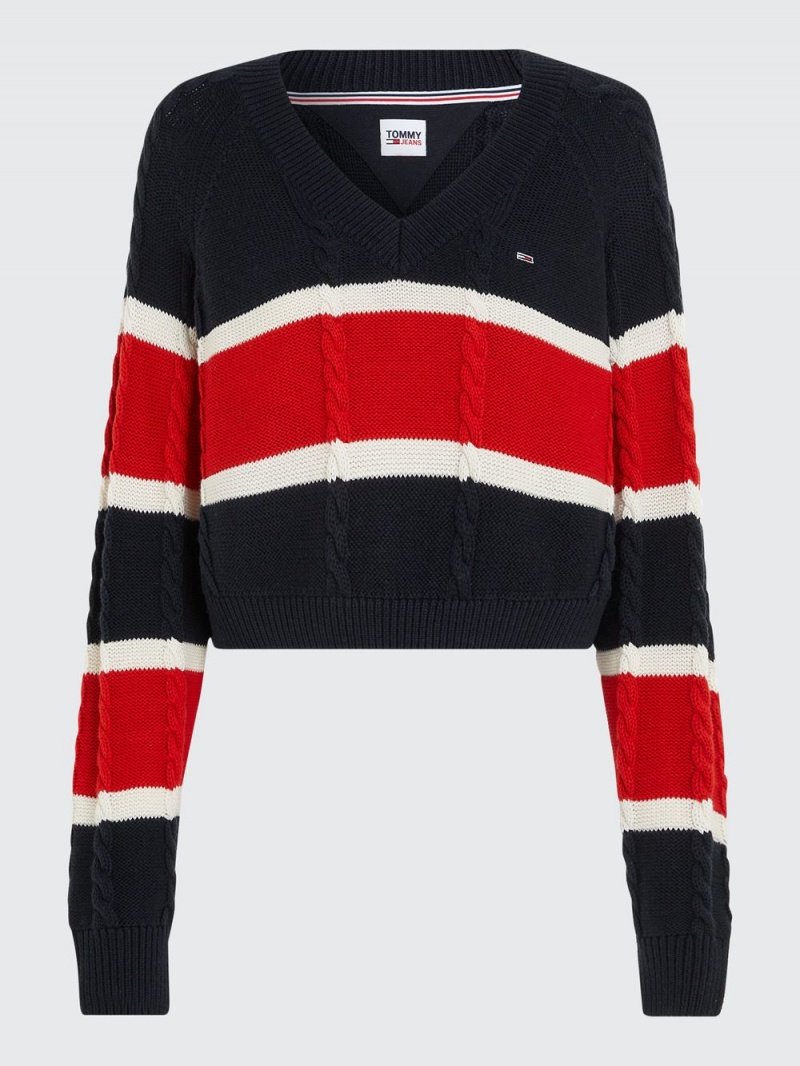 Tommy Hilfiger Cropped Stripe V-Neck Jumpers Dam Blå | 154-KERUTS