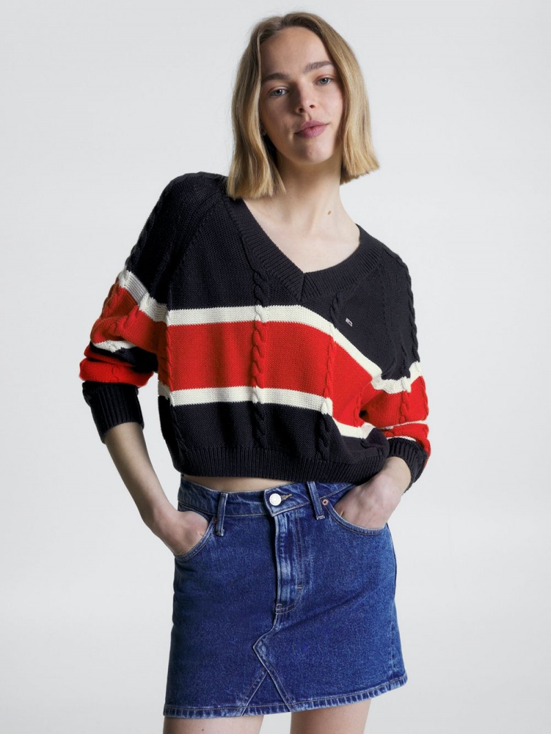 Tommy Hilfiger Cropped Stripe V-Neck Jumpers Dam Blå | 154-KERUTS