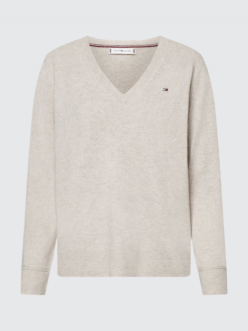 Tommy Hilfiger Curve Recycled Ull Blend V-Neck Jumpers Dam Beige | 056-NVQSDT