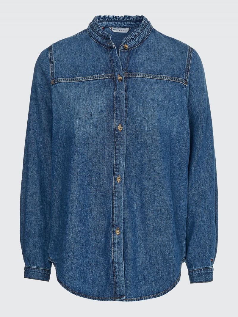 Tommy Hilfiger Curve Ruffled Collar Regular Fit Denim Over Skjorta Dam Blå | 450-LNQBXS