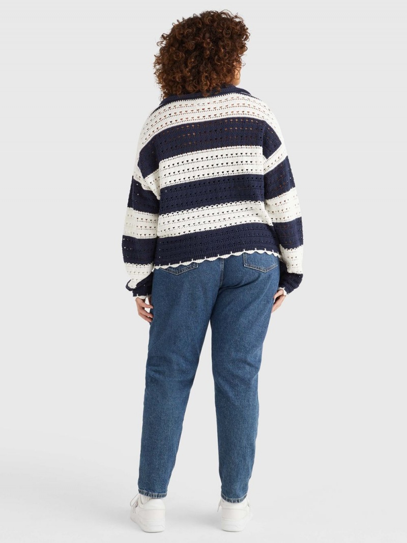 Tommy Hilfiger Curve Stripe Crochet Jumpers Dam Marinblå Vita | 715-TILGQU