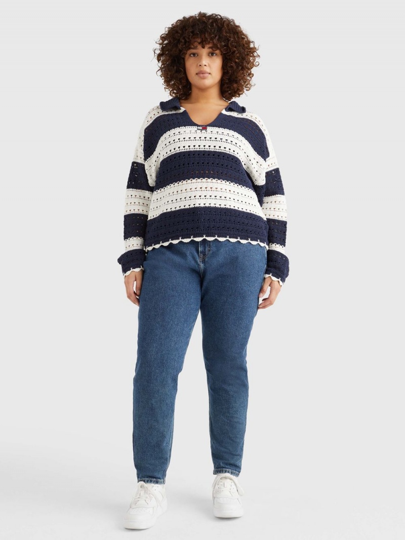 Tommy Hilfiger Curve Stripe Crochet Jumpers Dam Marinblå Vita | 715-TILGQU