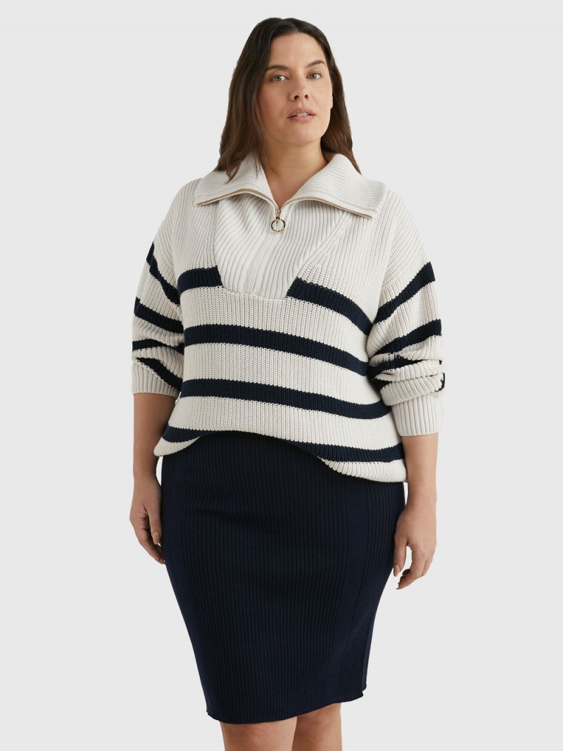 Tommy Hilfiger Curve Stripe Half-Zip Relaxed Jumpers Dam Vita Marinblå | 726-ALNDOV