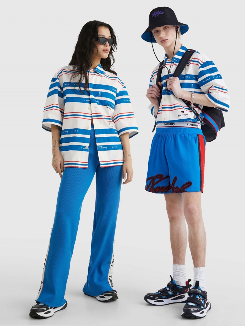 Tommy Hilfiger Dual Gender Mixed Stripe Bowling Skjorta Dam Olika Färger | 174-RKPYFW