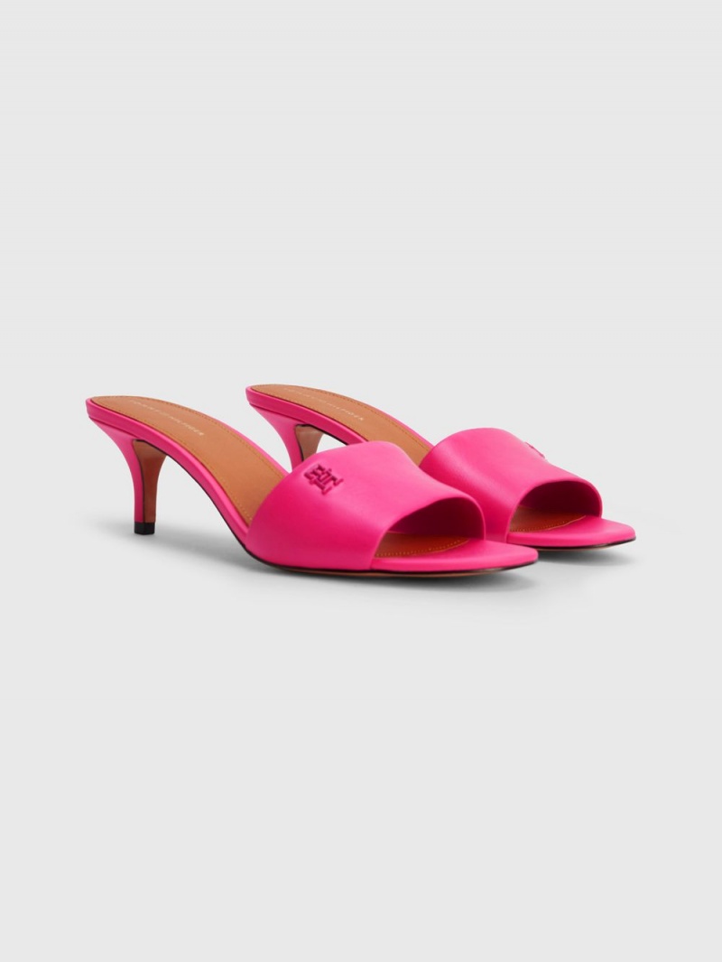 Tommy Hilfiger Elevated Läder Monogram Mid Heel Mules Sandaler Dam Rosa | 756-GBLTON