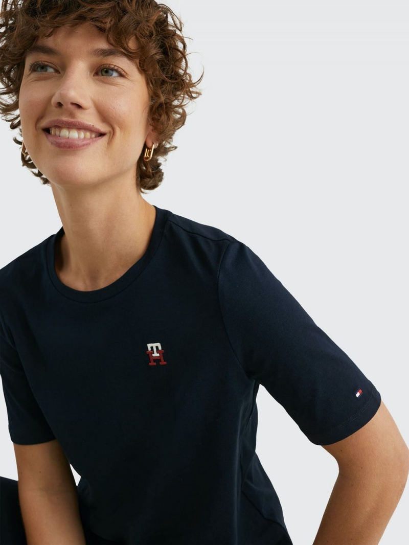 Tommy Hilfiger Embroidered Monogram T-shirt Dam Marinblå | 138-MKHBVQ