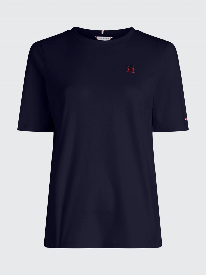 Tommy Hilfiger Embroidered Monogram T-shirt Dam Marinblå | 138-MKHBVQ