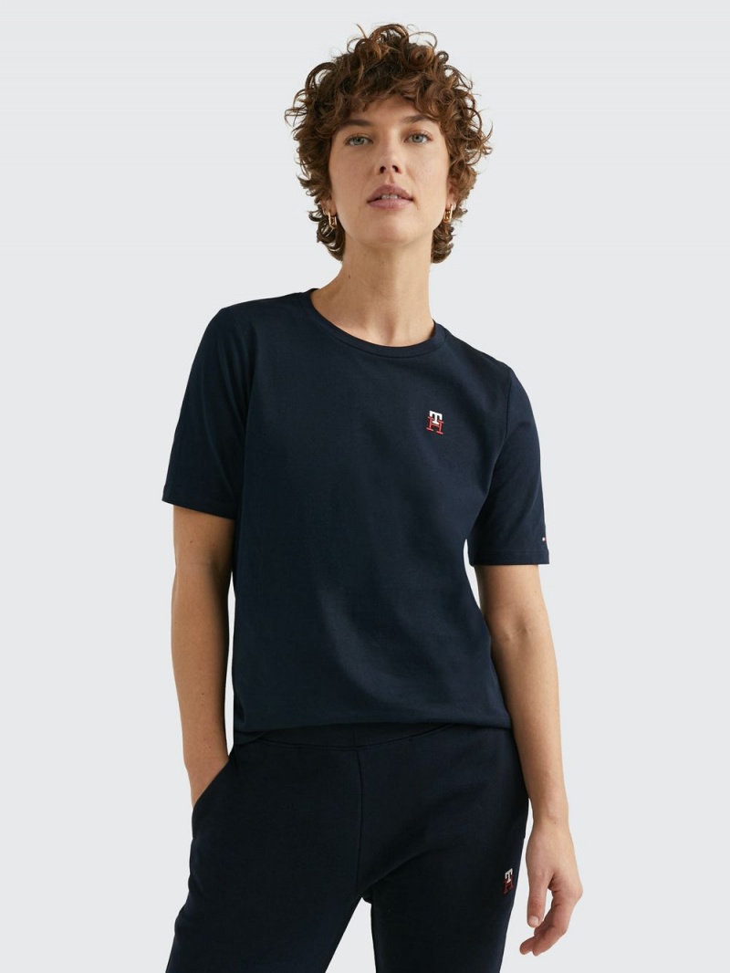 Tommy Hilfiger Embroidered Monogram T-shirt Dam Marinblå | 138-MKHBVQ