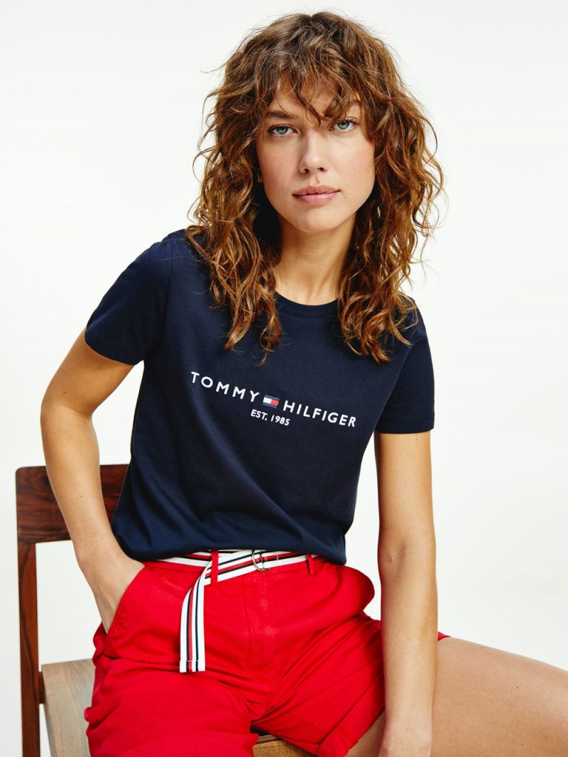 Tommy Hilfiger Essential Crew Neck Logo T-shirt Dam Marinblå | 582-RVHBFJ