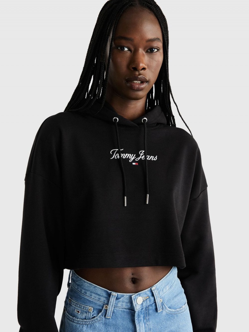 Tommy Hilfiger Essential Logo Cropped Hoodie Dam Svarta | 627-KLRVYS