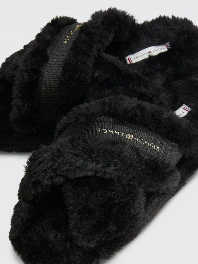 Tommy Hilfiger Faux Fur Logo Rem Home Tofflor Dam Svarta | 140-SXDIHW