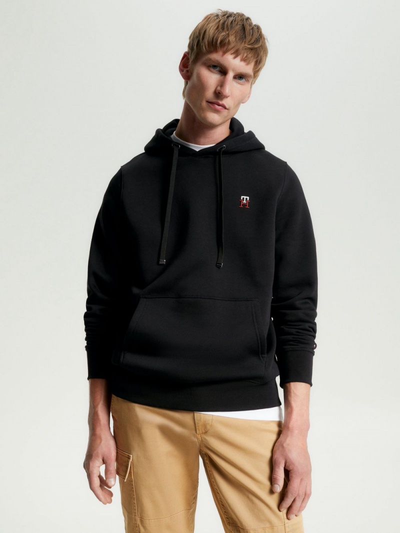 Tommy Hilfiger Fleece Monogram Hoodie Herr Svarta | 239-ZPFLBY