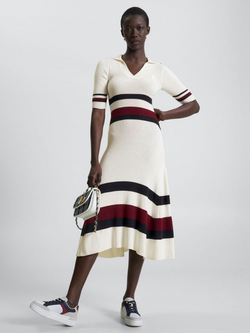 Tommy Hilfiger Global Stripe Midi Klänning Dam Vita | 726-TIXYMR