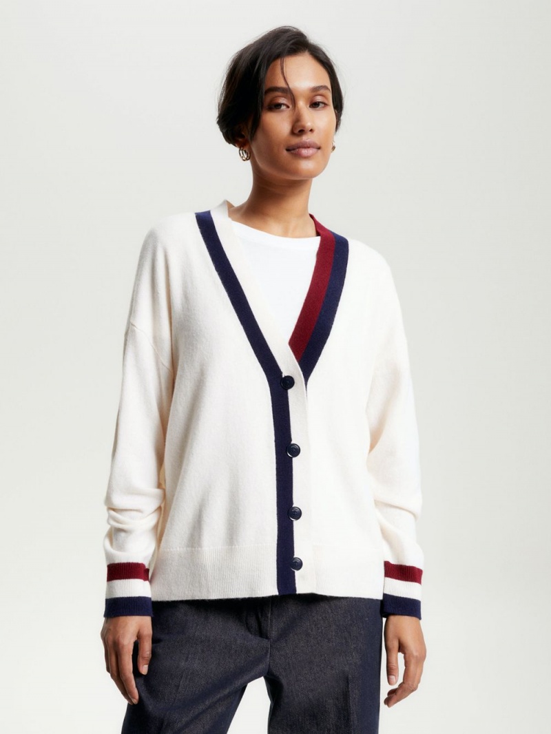 Tommy Hilfiger Global Stripe Relaxed Fit Kofta Dam Vita | 375-JBAWHT