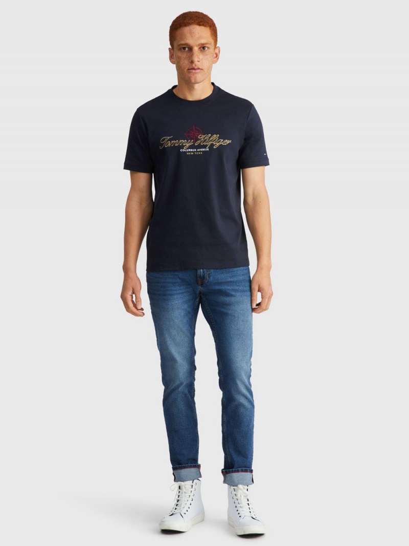 Tommy Hilfiger Gold Embroidered T-shirt Herr Marinblå | 069-NMBSTP