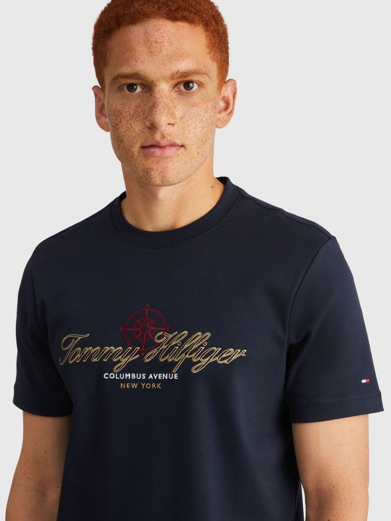 Tommy Hilfiger Gold Embroidered T-shirt Herr Marinblå | 069-NMBSTP