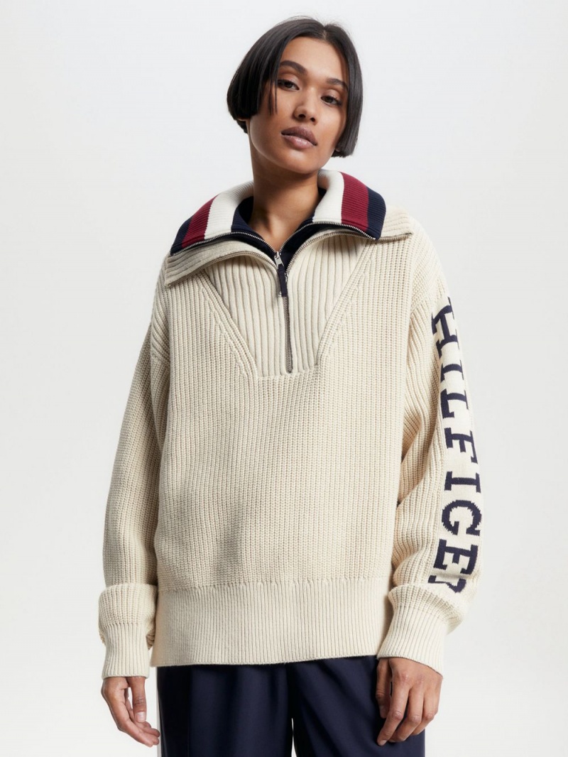 Tommy Hilfiger Half-Zip Relaxed Fit Jumpers Dam Beige | 241-XDYWBR