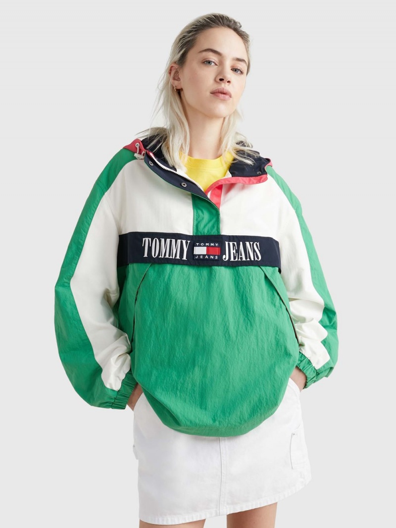 Tommy Hilfiger Hooded Archive Chicago Windbreaker Popover Jackor Dam Gröna Vita | 708-VAXCZJ