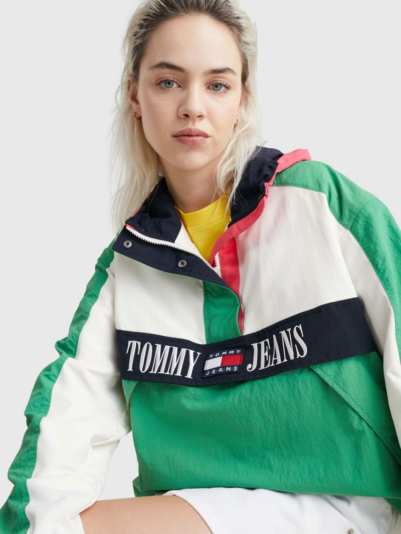 Tommy Hilfiger Hooded Archive Chicago Windbreaker Popover Jackor Dam Gröna Vita | 708-VAXCZJ