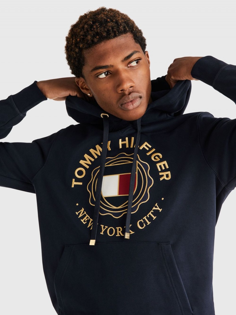 Tommy Hilfiger Icon Gold Hoodie Herr Marinblå | 586-HEVZSU