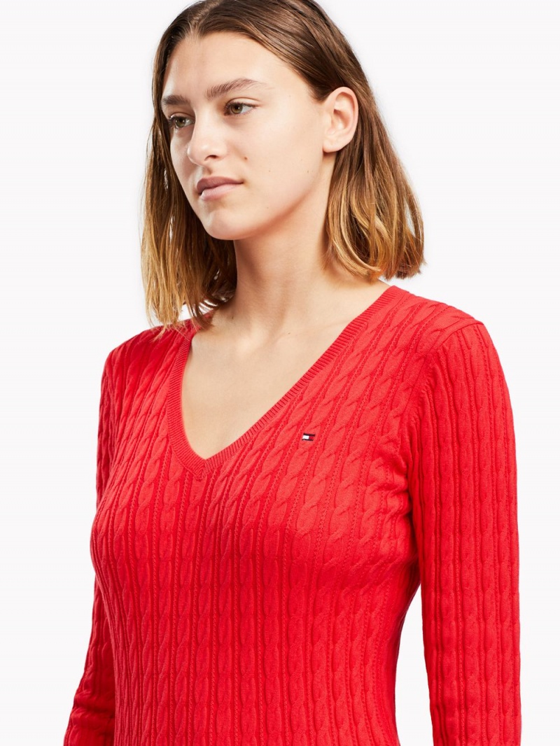 Tommy Hilfiger Klassiska Cable V Neck Tröjor Dam Röda | 817-VPQMOH