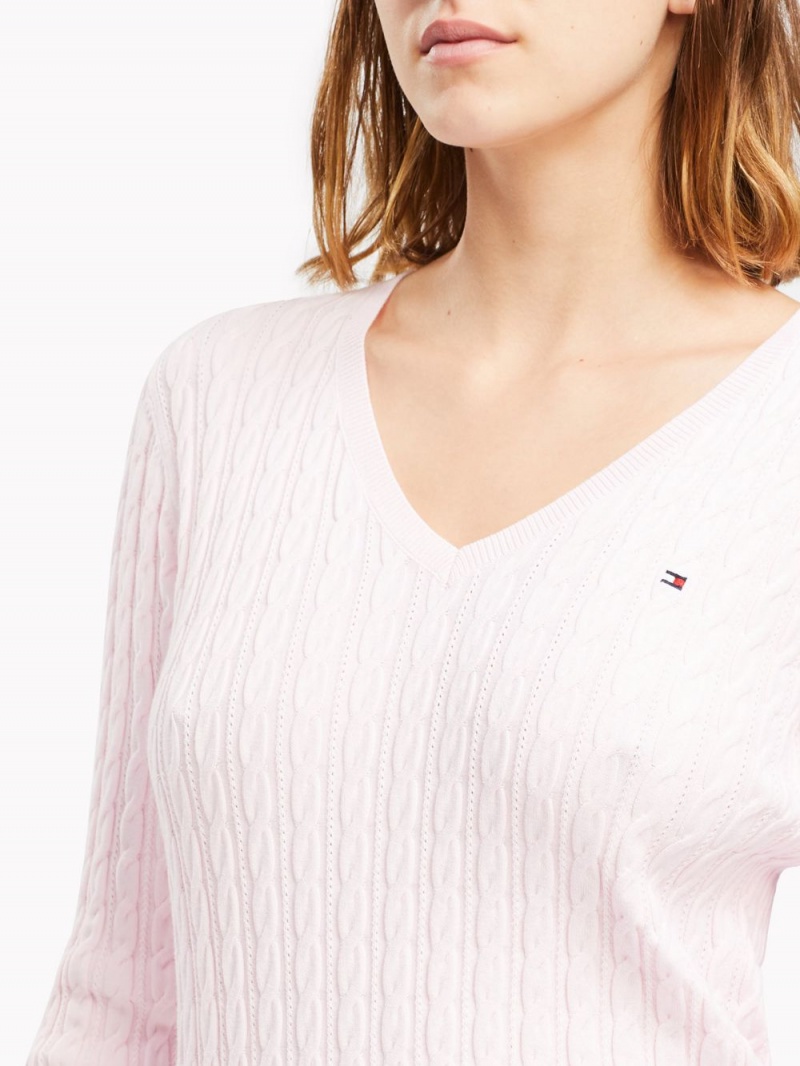 Tommy Hilfiger Klassiska Cable V Neck Tröjor Dam Rosa | 458-TFDXJI