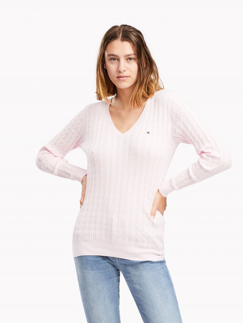 Tommy Hilfiger Klassiska Cable V Neck Tröjor Dam Rosa | 458-TFDXJI