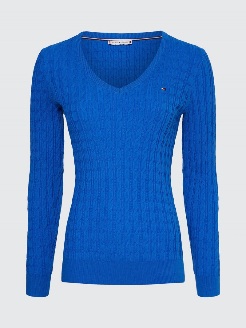 Tommy Hilfiger Klassiska Cable V Neck Tröjor Dam Blå | 698-HEDQUX