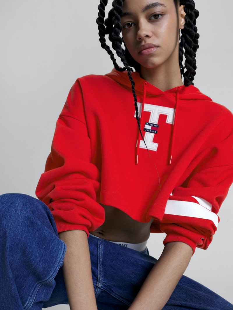 Tommy Hilfiger Letterman Cropped Hoodie Dam Röda | 094-SBMEQG