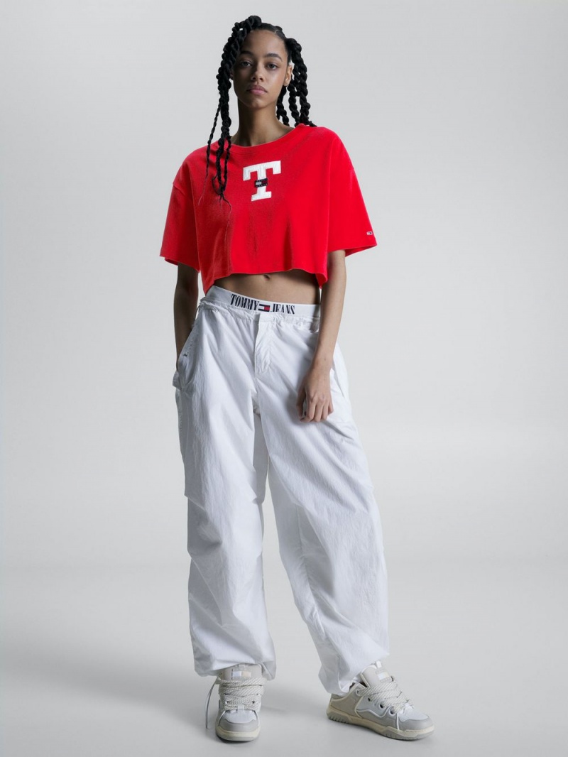 Tommy Hilfiger Letterman Cropped Oversized Fit T-shirt Dam Röda | 147-RYLOUD