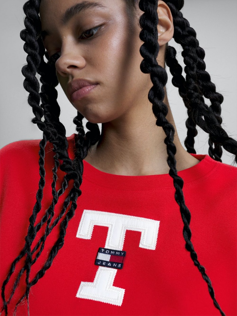 Tommy Hilfiger Letterman Cropped Oversized Fit T-shirt Dam Röda | 147-RYLOUD