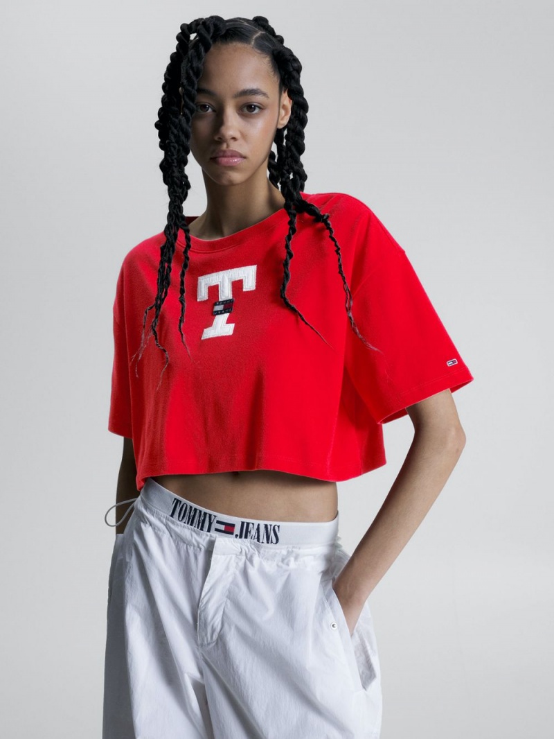 Tommy Hilfiger Letterman Cropped Oversized Fit T-shirt Dam Röda | 147-RYLOUD